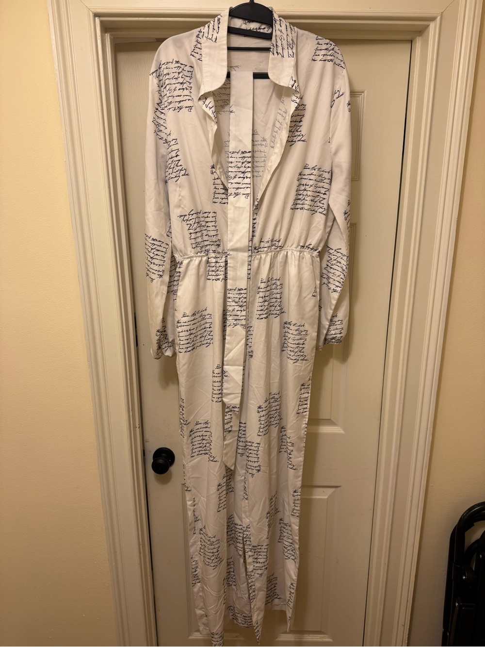 Script-Print White Long Sleeve Jumpsuit